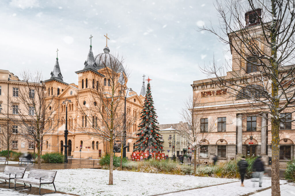 Fotografia przedstawia zimowy krajobraz miejski, gdzie centralnym punktem jest bogato zdobiona choinka stojąca przed monumentalnym budynkiem o charakterystycznej kopule i wieżach. Plac pokryty jest cienką warstwą świeżego śniegu, a nagie drzewa w p - Architektura Photography Łódź